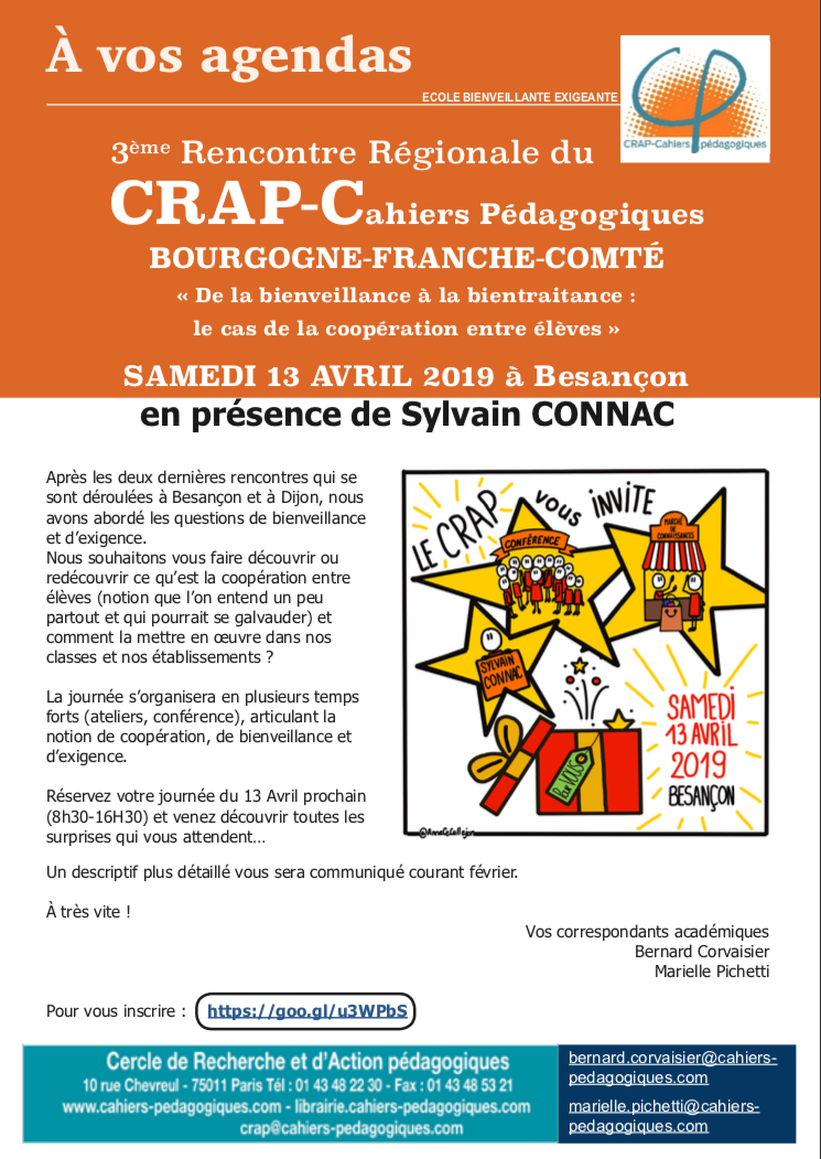 “De la bienveillance à la bientraitance : le cas de la coopération entre élèves” – Samedi 13 avril à Besançon
